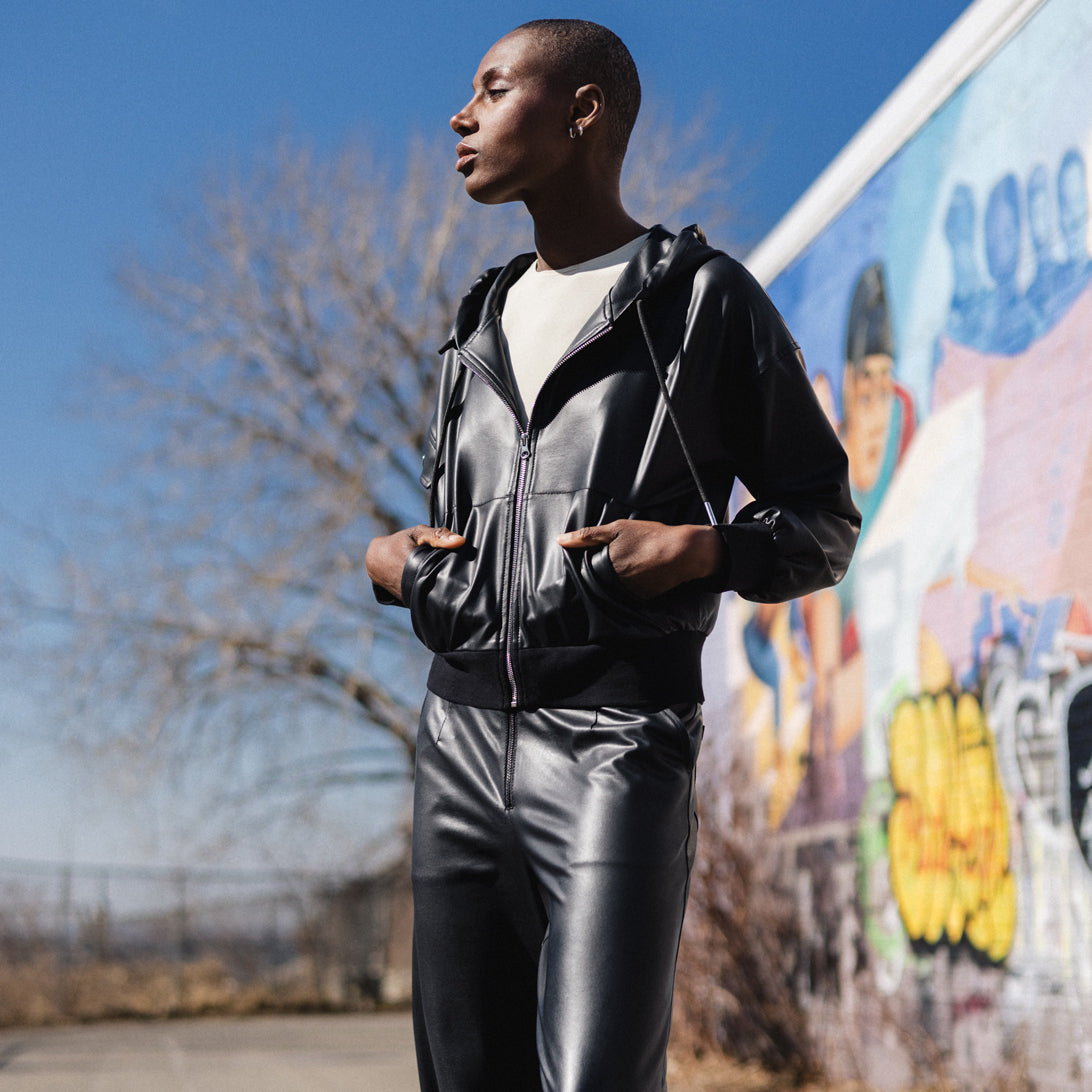Liquid Leather™ Hooded Drawstring Track Jacket - Black | Clara Sunwoo Signature