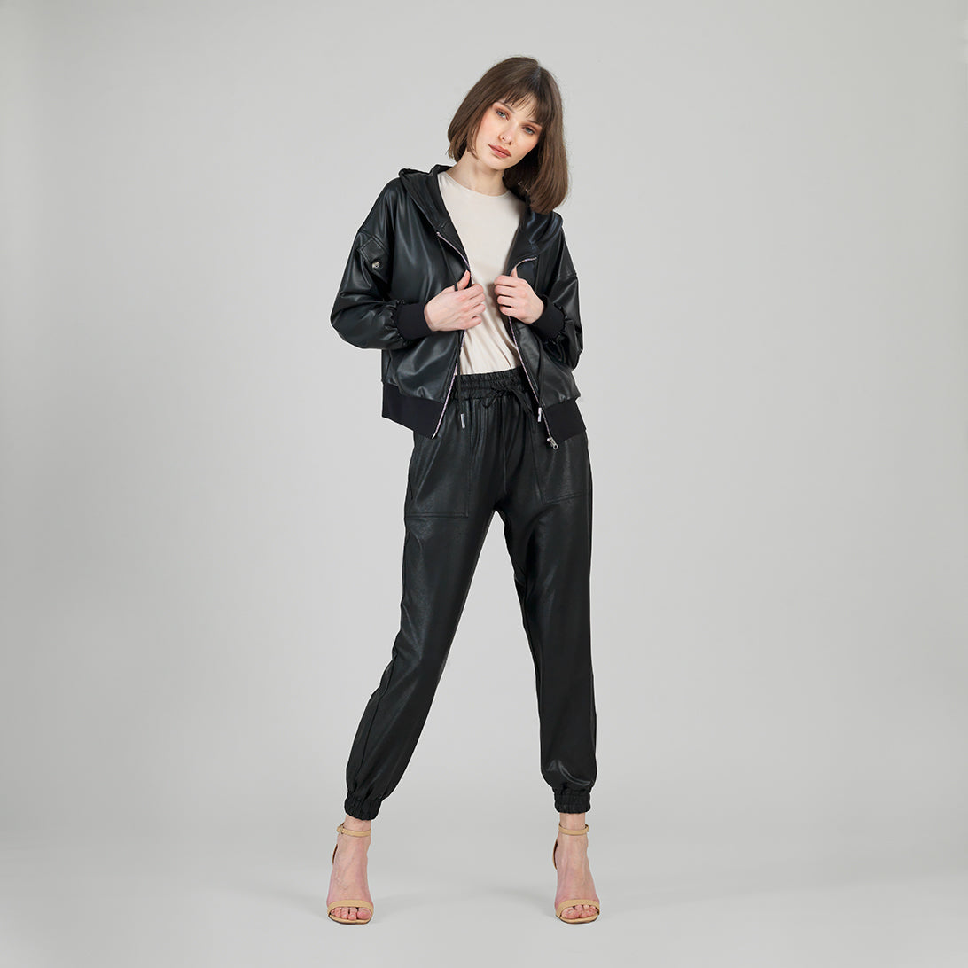Liquid Leather™ Hooded Drawstring Track Jacket - Black | Clara Sunwoo Signature