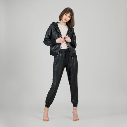 Liquid Leather™ Hooded Drawstring Track Jacket - Black | Clara Sunwoo Signature