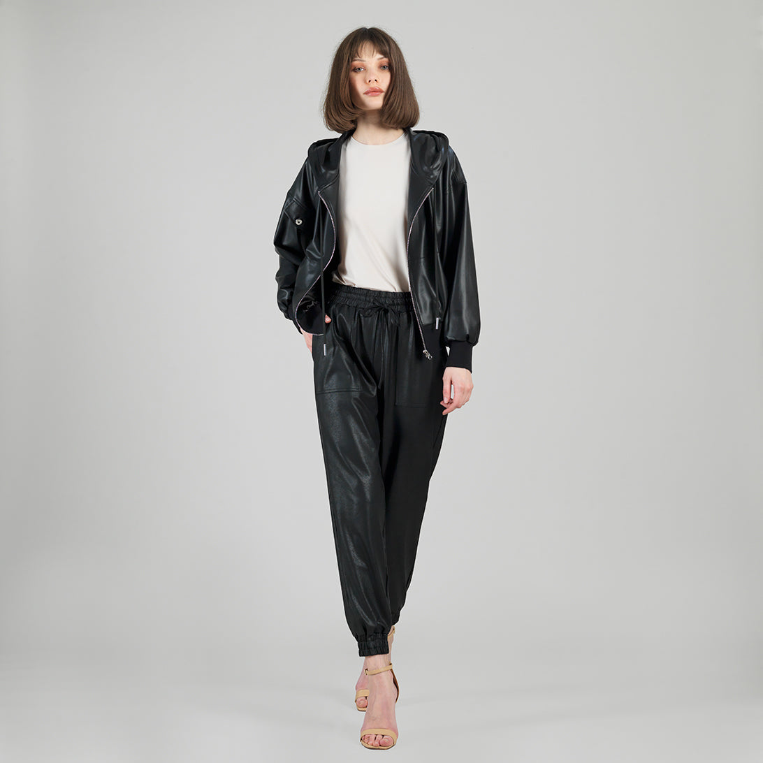 Liquid Leather™ Hooded Drawstring Track Jacket - Black | Clara Sunwoo Signature