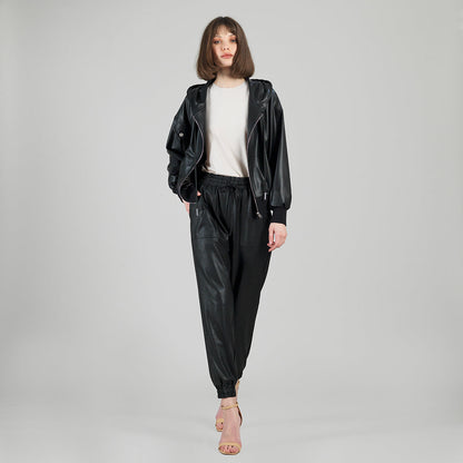 Liquid Leather™ Hooded Drawstring Track Jacket - Black | Clara Sunwoo Signature