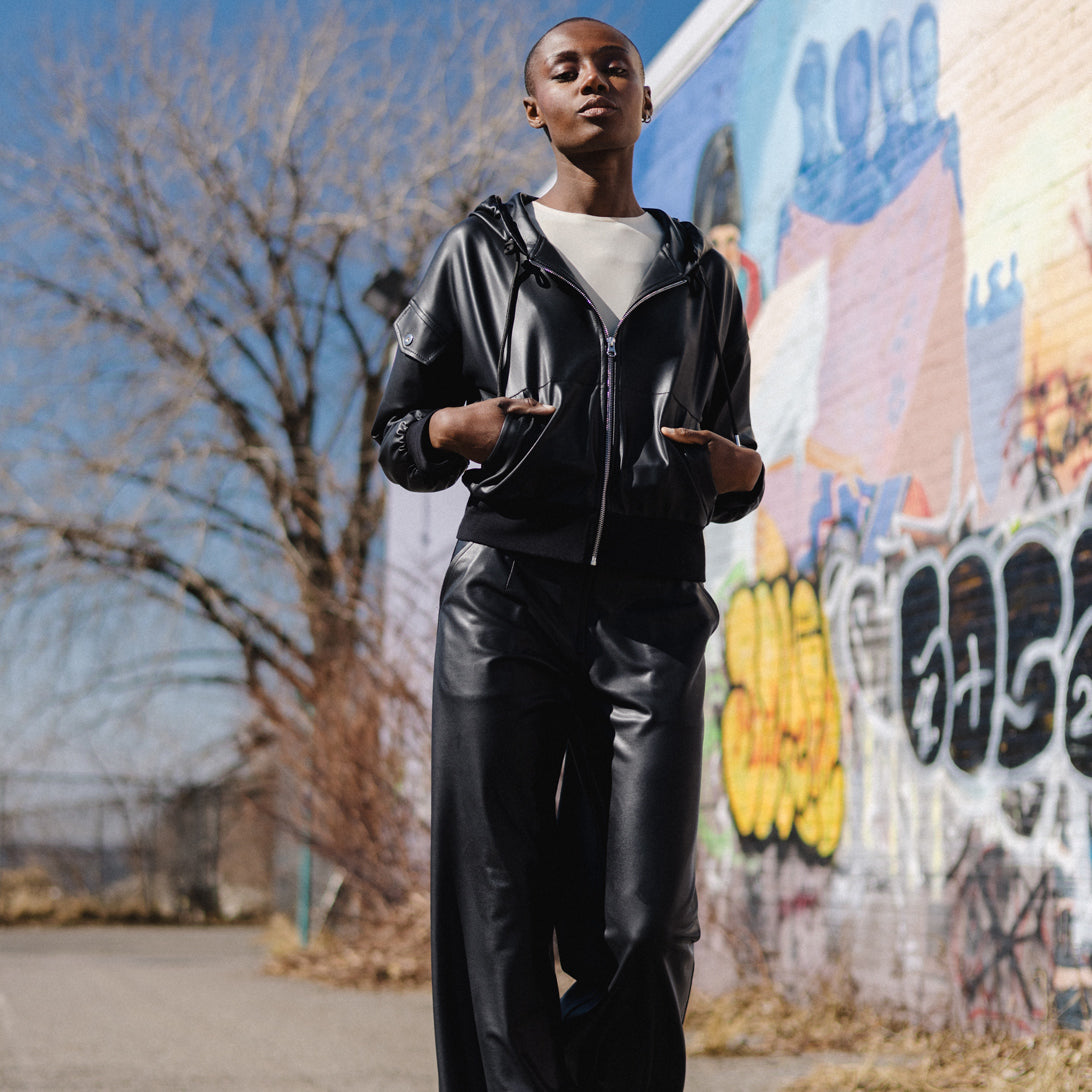 Liquid Leather™ Hooded Drawstring Track Jacket - Black | Clara Sunwoo Signature