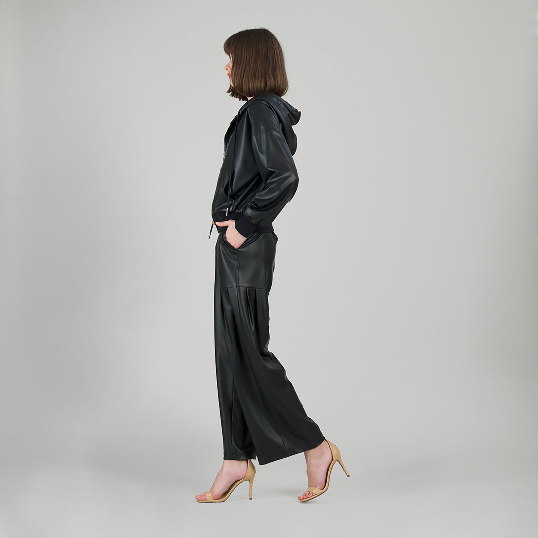 Liquid Leather™ Hooded Drawstring Track Jacket - Black | Clara Sunwoo Signature