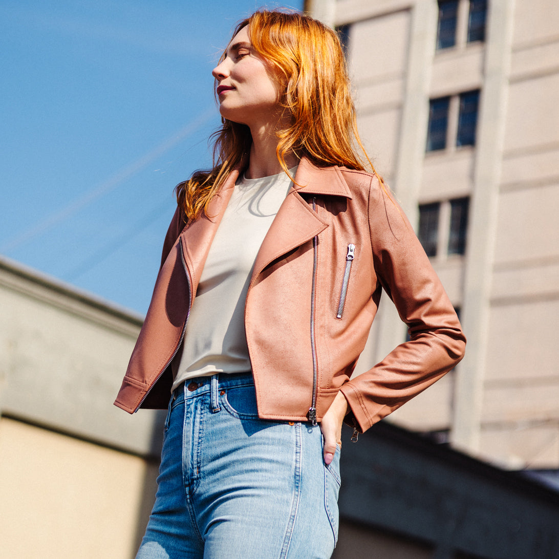 Liquid Leather™ Zip Cuff Moto Waist Jacket - Tan - Final Sale | Clara Sunwoo Great Value