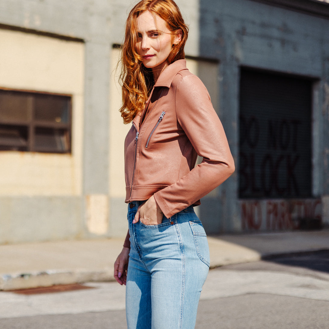 Liquid Leather™ Zip Cuff Moto Waist Jacket - Tan - Final Sale | Clara Sunwoo Great Value