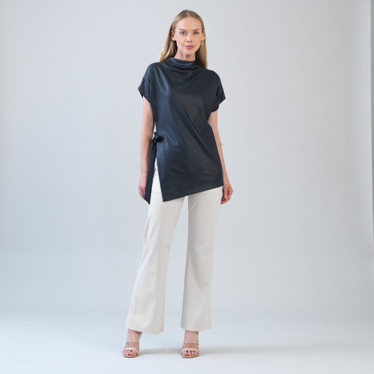 Liquid Leather™ - Funnel Neck Side Vent Tie Tunic - Black - Final Sale! | Clara Sunwoo Classic