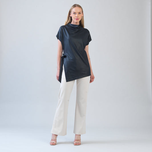 Liquid Leather™ - Funnel Neck Side Vent Tie Tunic - Black - Final Sale! | Clara Sunwoo Classic