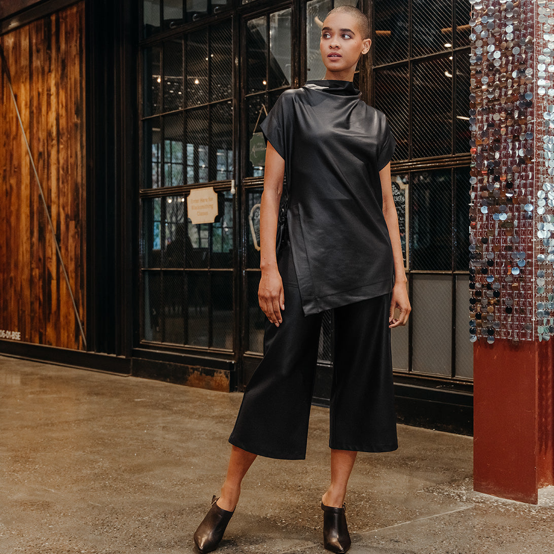 Liquid Leather™ - Funnel Neck Side Vent Tie Tunic - Black - Final Sale! | Clara Sunwoo Classic