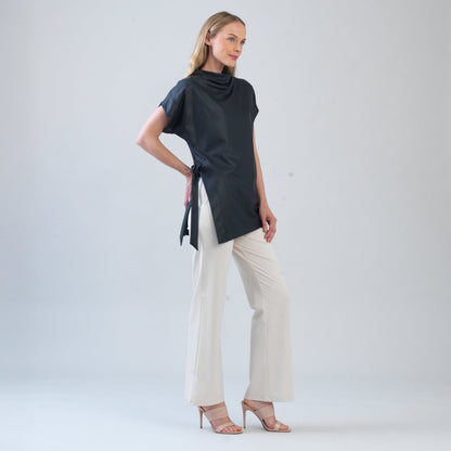 Liquid Leather™ - Funnel Neck Side Vent Tie Tunic - Black - Final Sale! | Clara Sunwoo Classic
