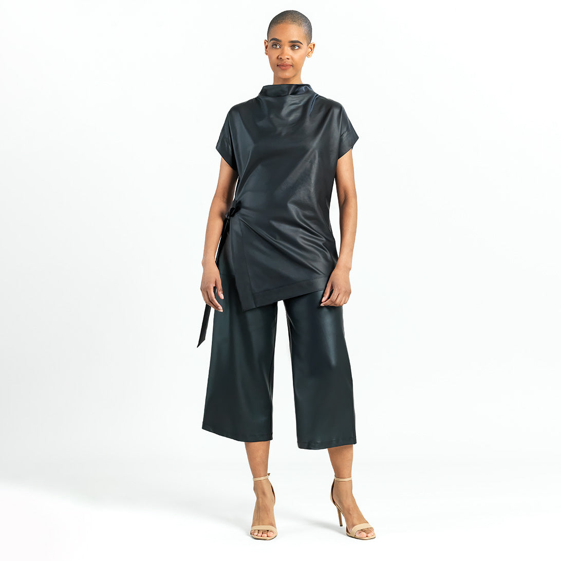 Liquid Leather™ - Funnel Neck Side Vent Tie Tunic - Black - Final Sale! | Clara Sunwoo Classic