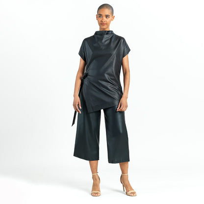 Liquid Leather™ - Funnel Neck Side Vent Tie Tunic - Black - Final Sale! | Clara Sunwoo Classic