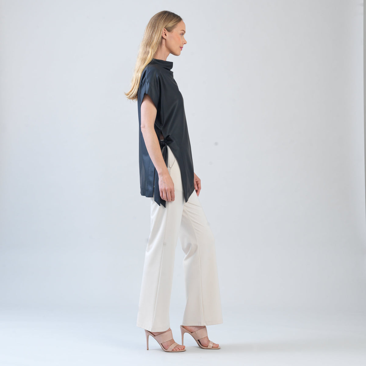 Liquid Leather™ - Funnel Neck Side Vent Tie Tunic - Black - Final Sale! | Clara Sunwoo Classic