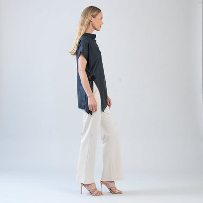Liquid Leather™ - Funnel Neck Side Vent Tie Tunic - Black - Final Sale! | Clara Sunwoo Classic