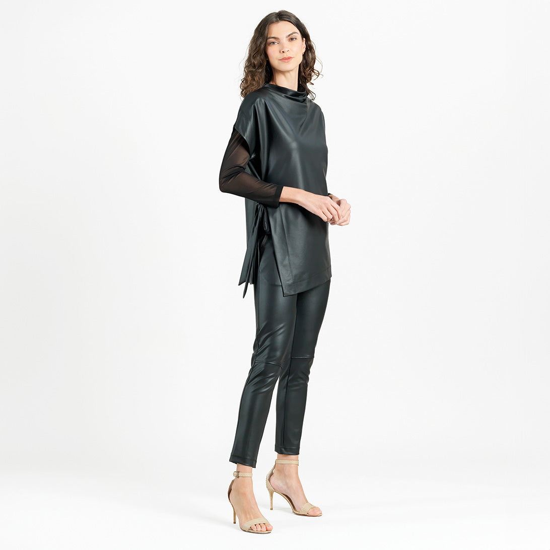 Liquid Leather™ - Funnel Neck Side Vent Tie Tunic - Black - Final Sale! | Clara Sunwoo Classic