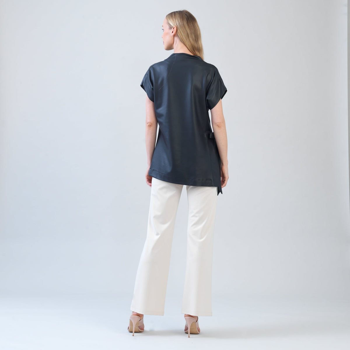 Liquid Leather™ - Funnel Neck Side Vent Tie Tunic - Black - Final Sale! | Clara Sunwoo Classic