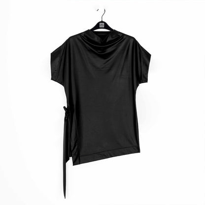 Liquid Leather™ - Funnel Neck Side Vent Tie Tunic - Black - Final Sale! | Clara Sunwoo Classic