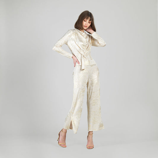 Foil Sheen - Long Sleeve Loop Front Top - Champagne - Final Sale | Clara Sunwoo Classic