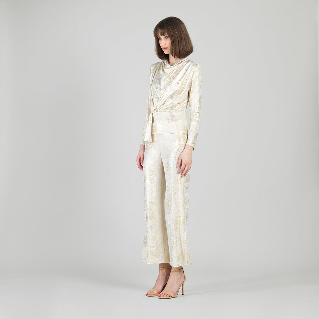 Foil Sheen - Long Sleeve Loop Front Top - Champagne - Final Sale | Clara Sunwoo Classic