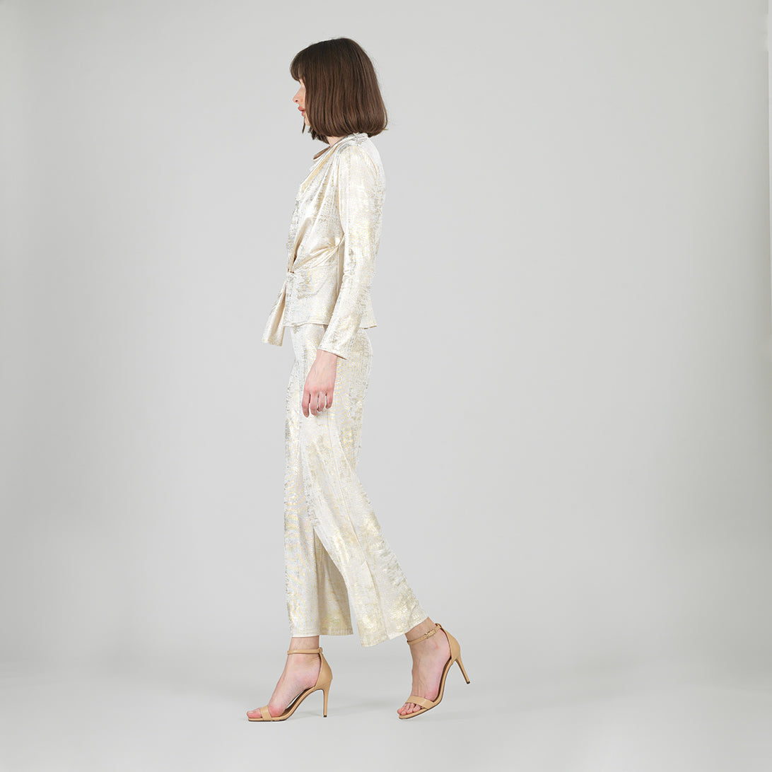 Foil Sheen - Long Sleeve Loop Front Top - Champagne - Final Sale | Clara Sunwoo Classic