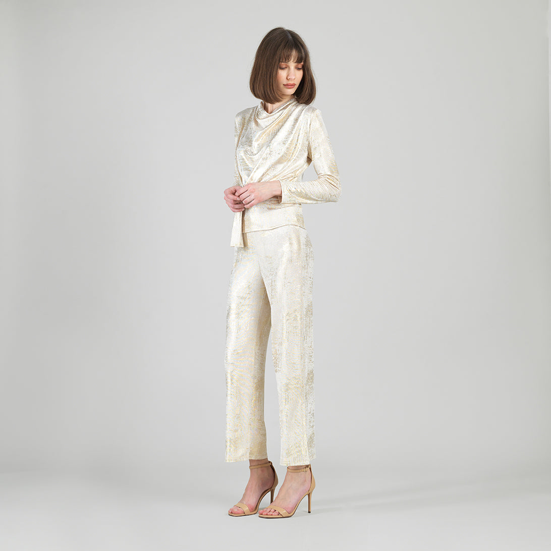 Foil Sheen - Long Sleeve Loop Front Top - Champagne - Final Sale | Clara Sunwoo Classic