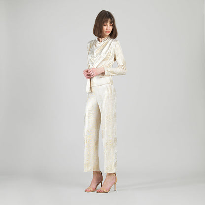 Foil Sheen - Long Sleeve Loop Front Top - Champagne - Final Sale | Clara Sunwoo Classic
