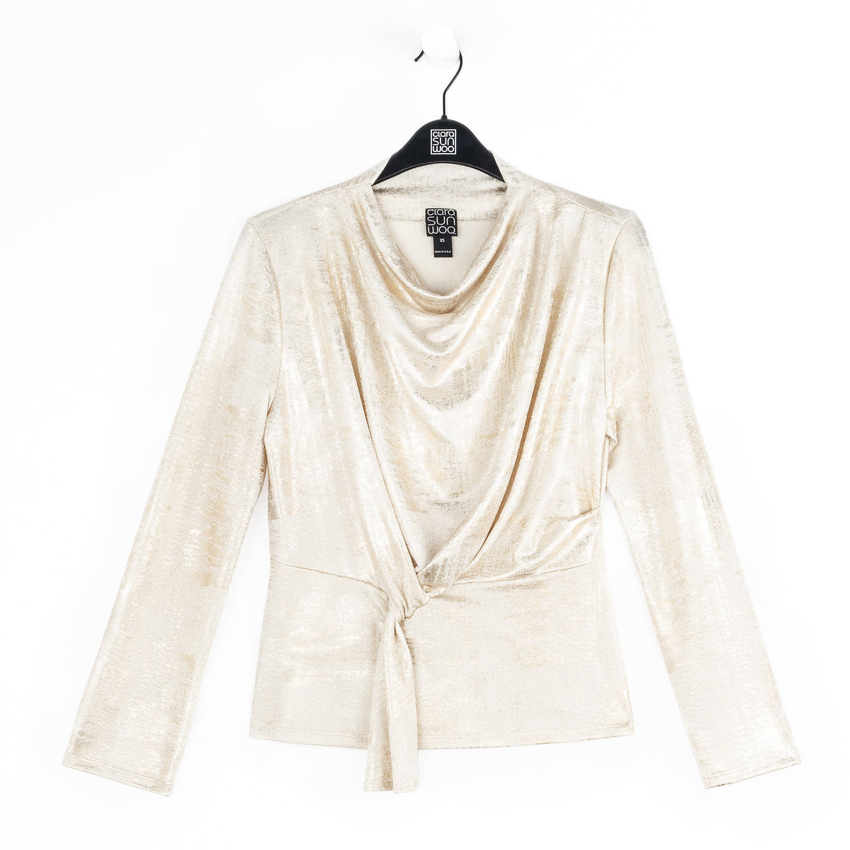 Foil Sheen - Long Sleeve Loop Front Top - Champagne - Final Sale | Clara Sunwoo Classic