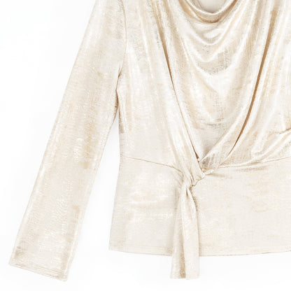 Foil Sheen - Long Sleeve Loop Front Top - Champagne - Final Sale | Clara Sunwoo Classic