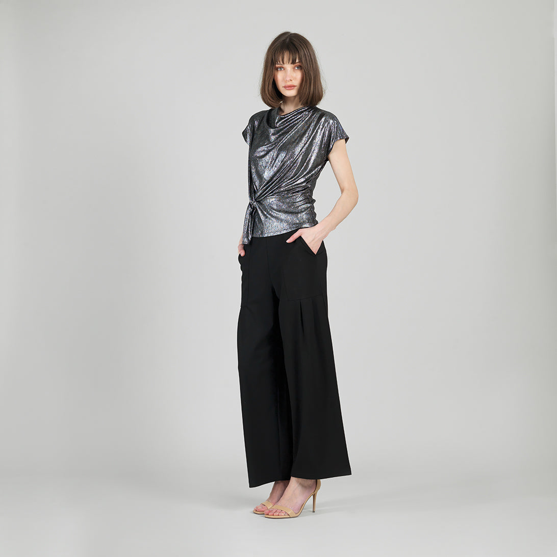 Metallic Shimmer - Drape Neck Loop Front Top - Gunmetal - Limited Sizes | Clara Sunwoo Classic
