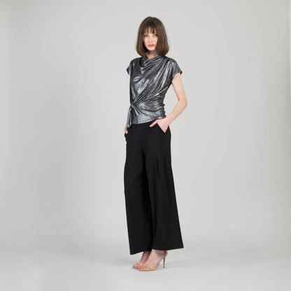Metallic Shimmer - Drape Neck Loop Front Top - Gunmetal - Limited Sizes | Clara Sunwoo Classic