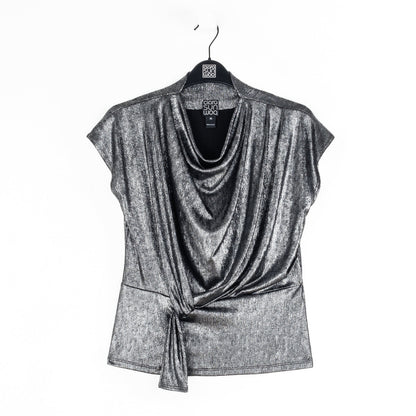 Metallic Shimmer - Drape Neck Loop Front Top - Gunmetal - Limited Sizes | Clara Sunwoo Classic