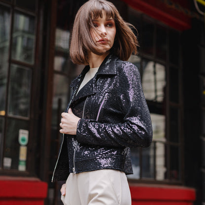 Sequin Knit - Moto Waist Jacket - Black - Final Sale | Clara Sunwoo Customer Favorite