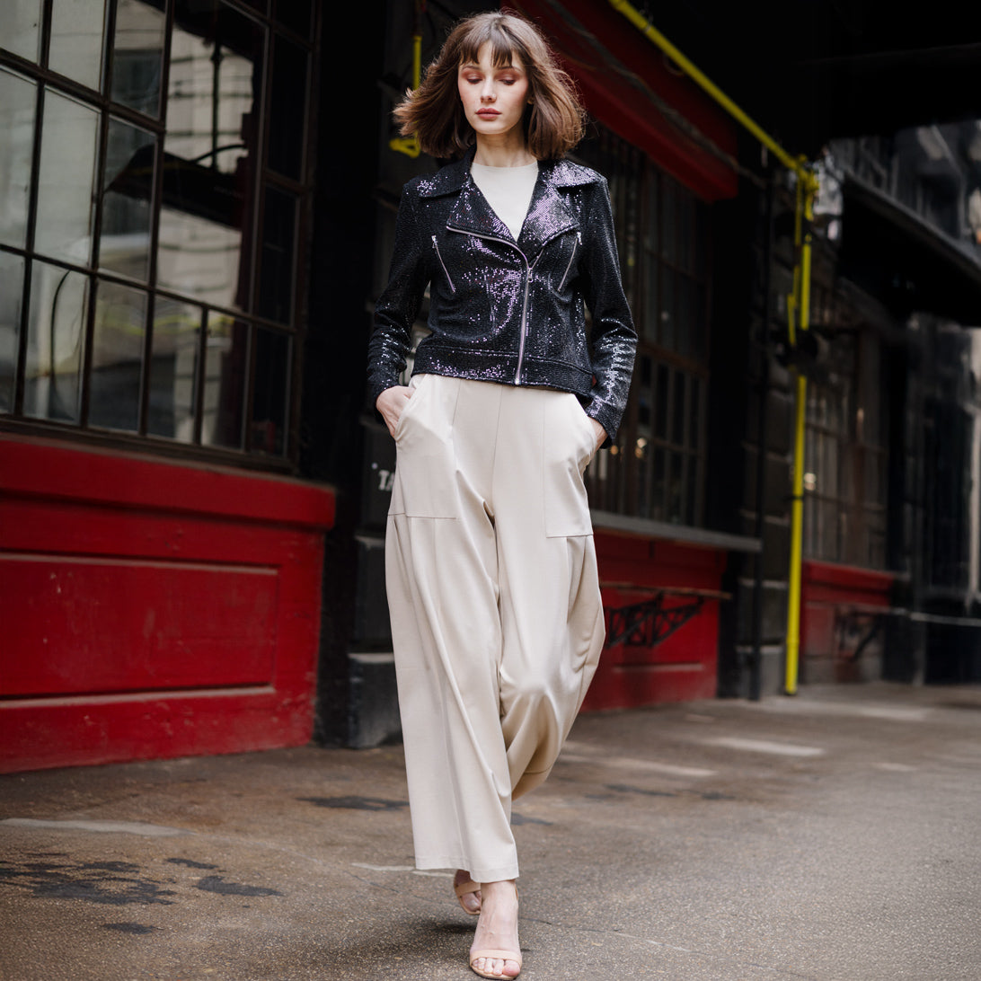 Sequin Knit - Moto Waist Jacket - Black - Final Sale | Clara Sunwoo Customer Favorite