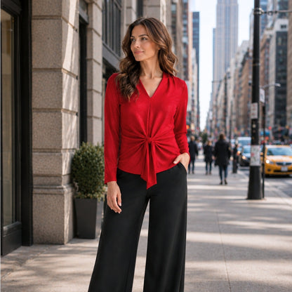 Glimmer Speck - V-Neck Center Front Tie Top - Red - Final Sale | Clara Sunwoo Discount