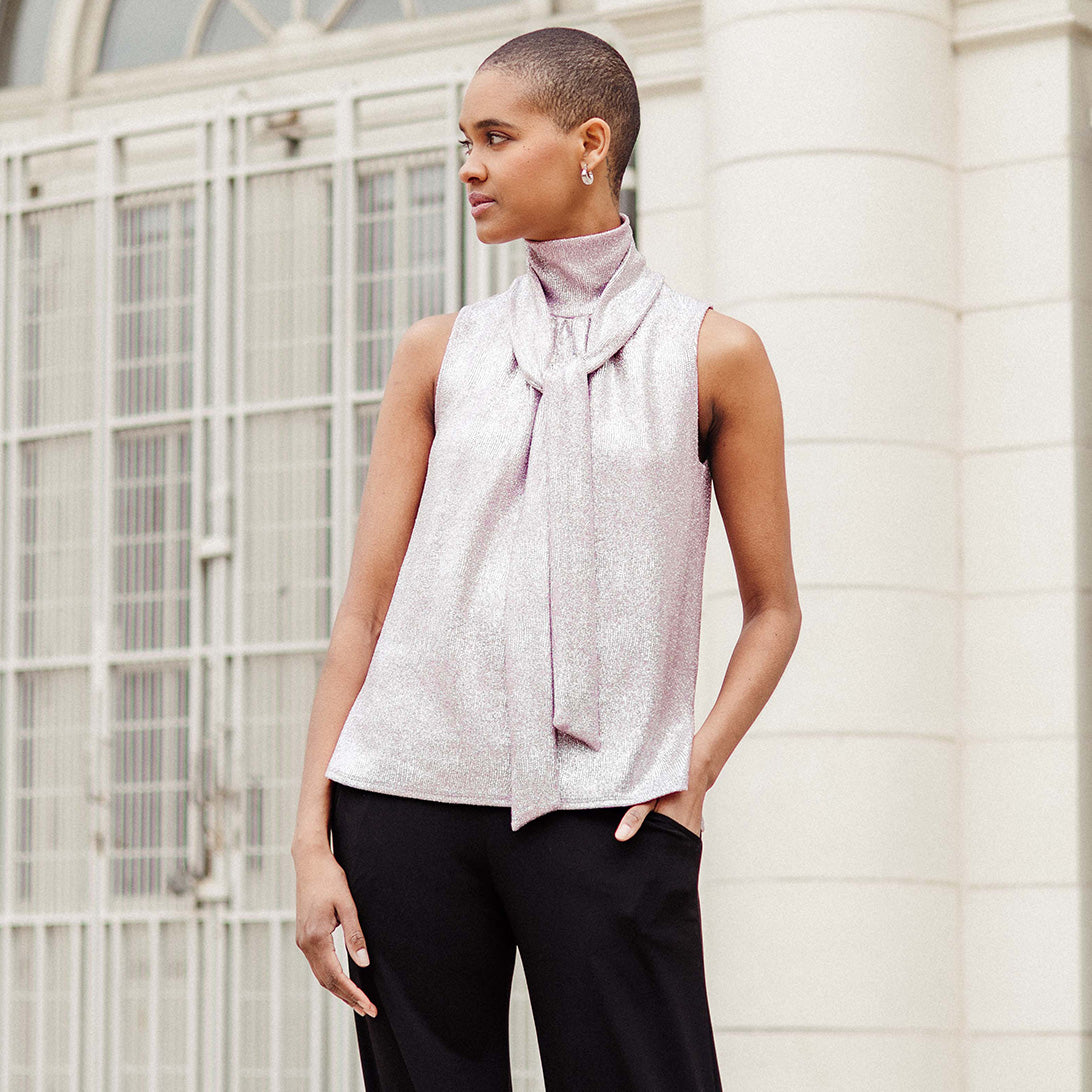 Glitter Foil - Mock Neck-Tie Detail Top - Pink - Final Sale! | Clara Sunwoo Discount