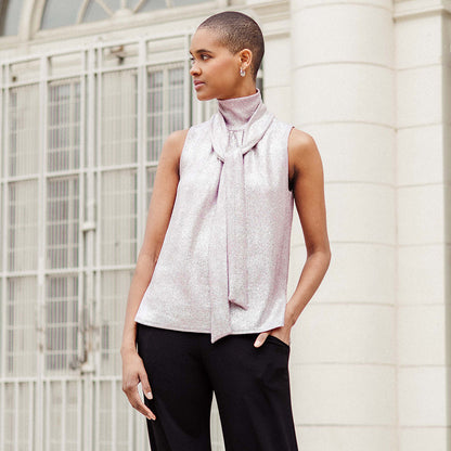 Glitter Foil - Mock Neck-Tie Detail Top - Pink - Final Sale! | Clara Sunwoo Discount