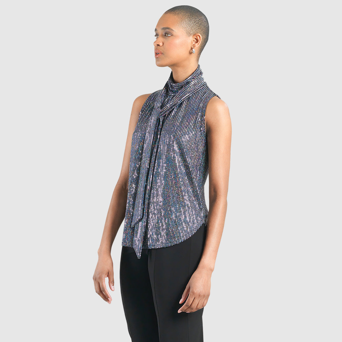 Shimmer Sequin - Mock Neck-Tie Detail Top - Silver Pinstripe - Final Sale | Clara Sunwoo Quality