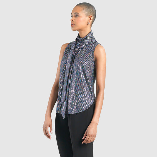 Shimmer Sequin - Mock Neck-Tie Detail Top - Silver Pinstripe - Final Sale | Clara Sunwoo Quality