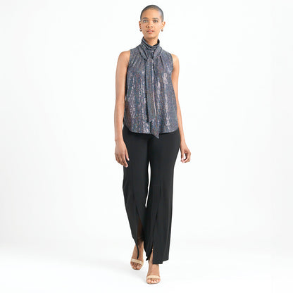 Shimmer Sequin - Mock Neck-Tie Detail Top - Silver Pinstripe - Final Sale | Clara Sunwoo Quality