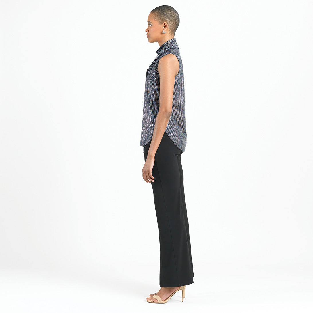 Shimmer Sequin - Mock Neck-Tie Detail Top - Silver Pinstripe - Final Sale | Clara Sunwoo Quality
