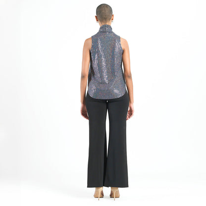 Shimmer Sequin - Mock Neck-Tie Detail Top - Silver Pinstripe - Final Sale | Clara Sunwoo Quality