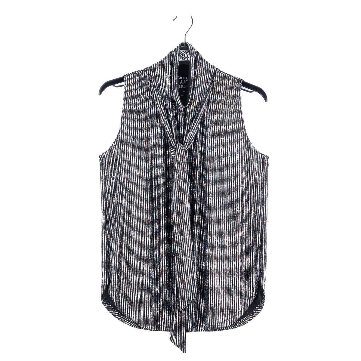 Shimmer Sequin - Mock Neck-Tie Detail Top - Silver Pinstripe - Final Sale | Clara Sunwoo Quality