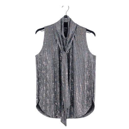 Shimmer Sequin - Mock Neck-Tie Detail Top - Silver Pinstripe - Final Sale | Clara Sunwoo Quality