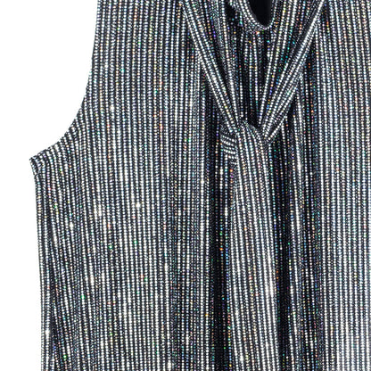 Shimmer Sequin - Mock Neck-Tie Detail Top - Silver Pinstripe - Final Sale | Clara Sunwoo Quality