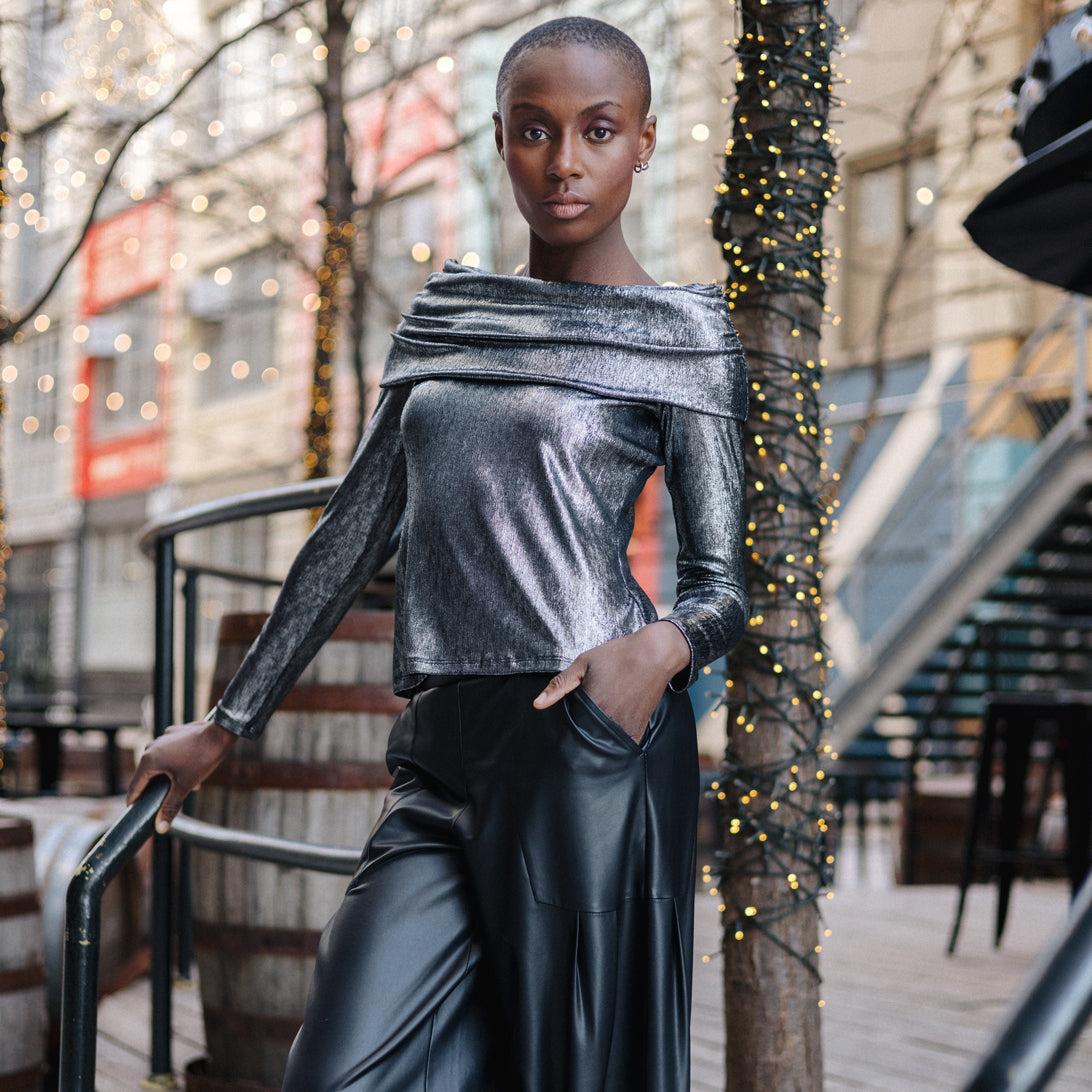 Metallic Shimmer - Ruched Off-Shoulder Top - Final Sale | Clara Sunwoo Featured