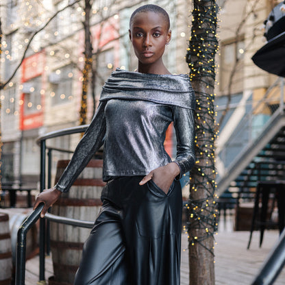 Metallic Shimmer - Ruched Off-Shoulder Top - Final Sale | Clara Sunwoo Featured