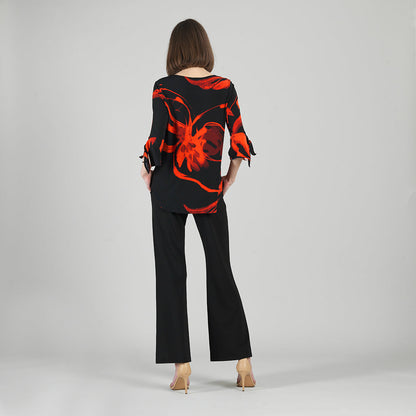 Tie Cuff Curved Hem Tunic - Floral Eclipse-Red - Final Sale | Clara Sunwoo Classic
