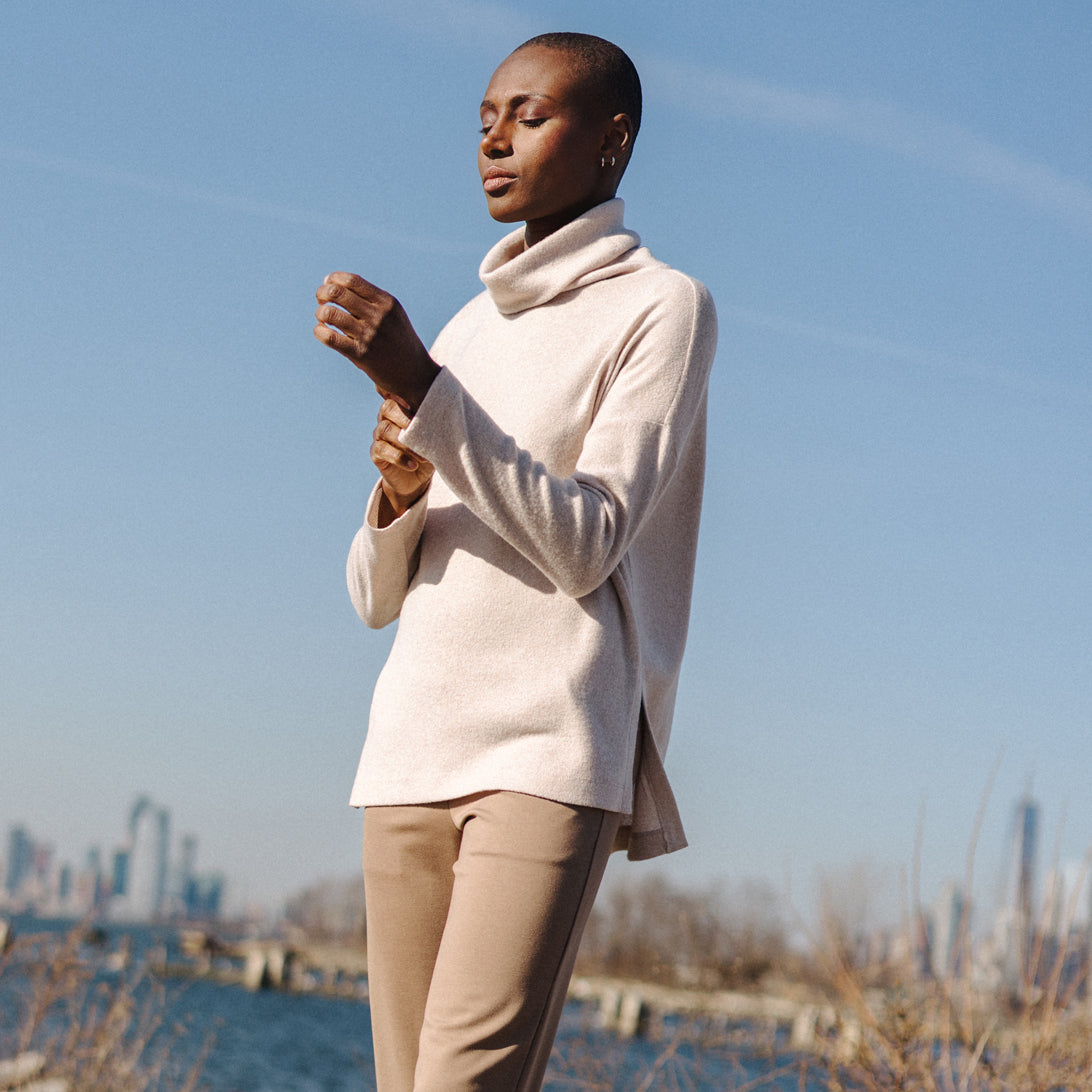 Faux Cashmere - Cowl Turtleneck Side Vent Sweater Tunic - Natural - Final Sale | Clara Sunwoo Popular