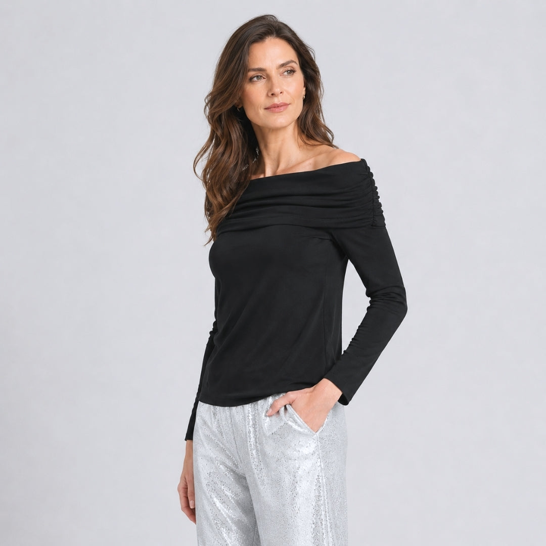 Ultra Cozy - Ruched Off-Shoulder Sweater Top - Black - Final Sale | Clara Sunwoo Customer Favorite