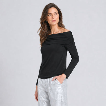 Ultra Cozy - Ruched Off-Shoulder Sweater Top - Black - Final Sale | Clara Sunwoo Customer Favorite