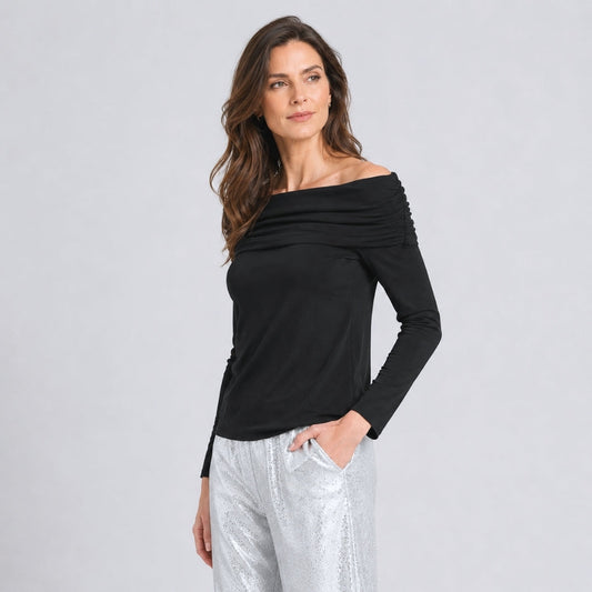Ultra Cozy - Ruched Off-Shoulder Sweater Top - Black - Final Sale | Clara Sunwoo Customer Favorite